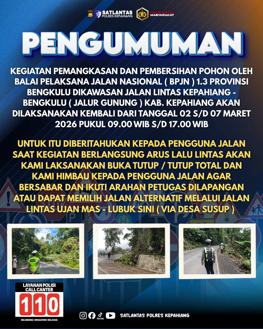 Perhatian Pengguna Jalan! BPJN 1,3 Bengkulu Akan Lakukan Pemangkasan Jalur Gunung Kepahiang-Bengkulu