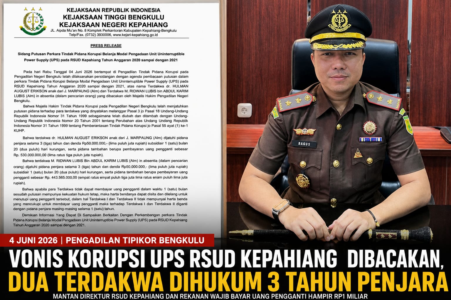 Vonis Korupsi UPS RSUD Kepahiang Dibacakan, Mantan Direktur dan Rekanan Dihukum 3 Tahun Penjara
