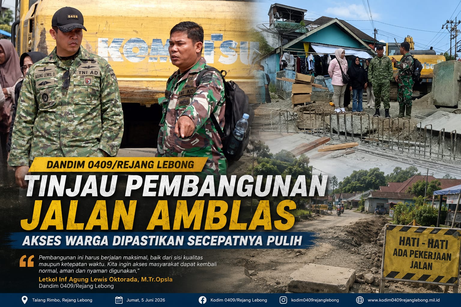 Dandim RL Turun Langsung Cek Perbaikan Jalan Amblas Talang Rimbo, Pastikan Akses Warga Segera Pulih