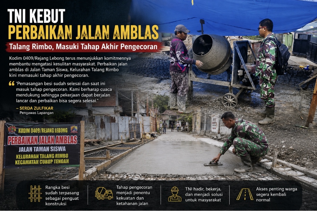 TNI Kebut Perbaikan Jalan Amblas Talang Rimbo, Pengecoran Jadi Tahap Penentu Akses Warga Kembali Normal