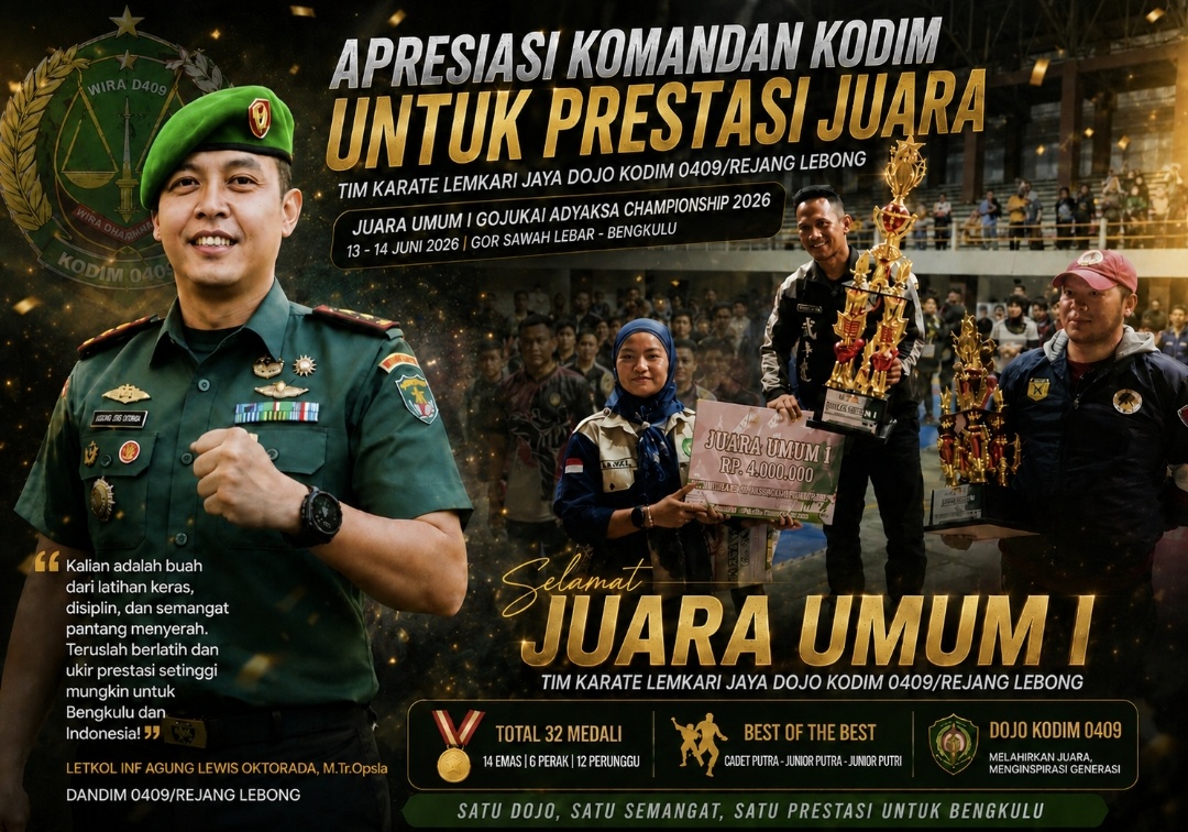 Dandim 0409/Rejang Lebong Apresiasi Karateka Juara Umum, Dojo Kodim Kembali Harumkan Nama Bengkulu