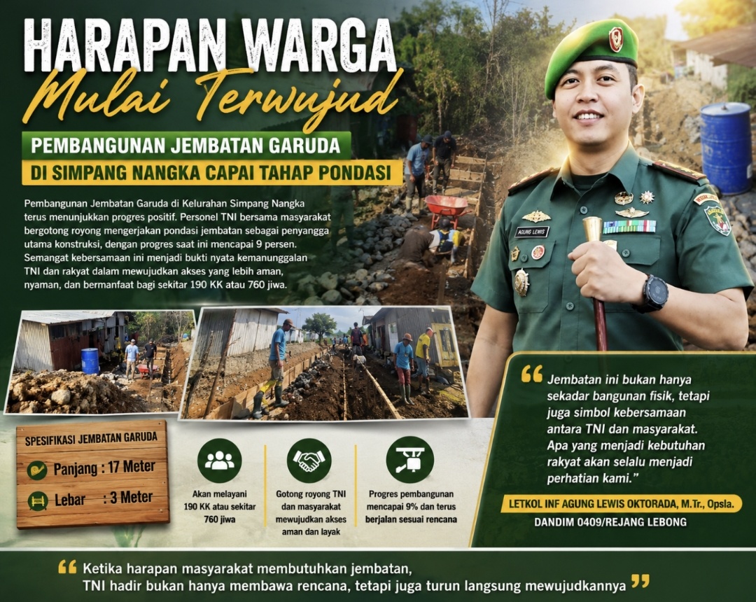 Harapan 190 KK Mulai Terwujud, Pembangunan Jembatan Garuda Kodim 0409/Rejang Lebong Masuki Tahap Pondasi